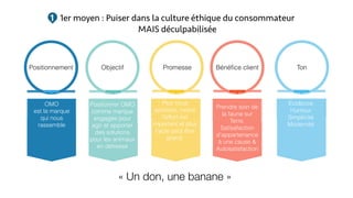 1er moyen : Puiser dans la culture éthique du consommateur
MAIS déculpabilisée
Positionnement Promesse Bénéﬁce client TonObjectif
Positionner OMO
comme marque
engagée pour
agir et apporter
des solutions
pour les animaux
en détresse
OMO
est la marque
qui nous
rassemble
Plus nous
sommes, moins
l’effort est
important et plus
l’acte peut être
grand.
Prendre soin de
la faune sur
Terre,
Satisafaction
d’appartenance
à une cause &
Autosatisfaction
Evidence
Humour
Simplicité
Modernité
« Un don, une banane »
1
 