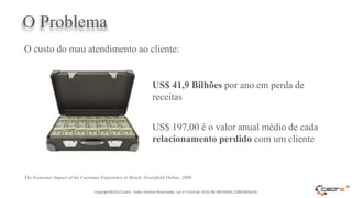O Problema
O custo do mau atendimento ao cliente:


                                                                   US$ 41,9 Bilhões por ano em perda de
                                                                   receitas


                                                                   US$ 197,00 é o valor anual médio de cada
                                                                   relacionamento perdido com um cliente


The Economic Impact of the Customer Experience in Brazil, Greenfield Online, 2009

                                 Copyright©2012 Cadre. Todos Direitos Reservados. Lei no 9.610 de 19.02.98. MATERIAL CONFIDENCIAL
                                                                                                                                    ®
 