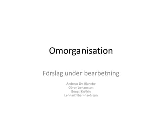 Omorganisation Förslag under bearbetning Andreas De BlancheGöran JohanssonBengt KjellénLennarthBernhardsson 