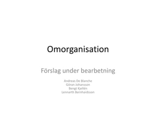 Omorganisation Förslag under bearbetning Andreas De BlancheGöran JohanssonBengt KjellénLennarth Bernhardsson 