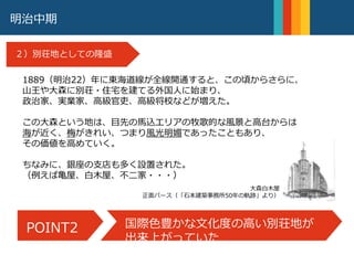 大森白木屋
正面パース（「石本建築事務所50年の軌跡」より）
明治９年
大森駅の開通
明治中期
２）別荘地としての隆盛
1889（明治22）年に東海道線が全線開通すると、この頃からさらに、
山王や大森に別荘・住宅を建てる外国人に始まり、
政治家、実業家、高級官吏、高級将校などが増えた。
この大森という地は、目先の馬込エリアの牧歌的な風景と高台からは
海が近く、梅がきれい、つまり風光明媚であったこともあり、
その価値を高めていく。
ちなみに、銀座の支店も多く設置された。
（例えば亀屋、白木屋、不二家・・・）
POINT2 国際色豊かな文化度の高い別荘地が
出来上がっていた
 
