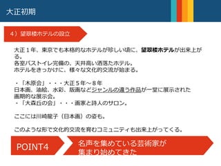 明治９年
大森駅の開通
大正初期
４）望翠楼ホテルの設立
大正１年、東京でも本格的なホテルが珍しい頃に、望翠楼ホテルが出来上が
る。
各室バストイレ完備の、天井高い洒落たホテル。
ホテルをきっかけに、様々な文化的交流が始まる。
・「木原会」・・・大正５年〜８年
日本画、油絵、水彩、版画などジャンルの違う作品が一堂に展示された
画期的な展示会。
・「大森丘の会」・・・画家と詩人のサロン。
ここには川崎龍子（日本画）の姿も。
このような形で文化的交流を育むコミュニティも出来上がってくる。
POINT4 名声を集めている芸術家が
集まり始めてきた
 