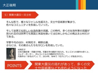 明治９年
大森駅の開通
大正後期
５）関東大震災〜文士村
そんな形で、様々なジャンルを超えた、文士や芸術家が集まり、
色々なコミュニティを形成していった。
そして世界でも珍しい女流作家の活躍。この時代、多くの女流作家の活躍が
見られるのは世界でも英国と米国を除いては日本しかもこの馬込文士村だけ
である。
宇野千代のほか、村岡花子、柳原白蓮、
さらには、その奥さんたちもサロンを形成していた。
POINT4POINT5 関東大震災の流れがあって、多くの文
士や芸術家なども住むようになった
村岡花子
日本の翻訳家・児童文学者。児童文学の翻訳で知られ、モンゴメリの著作の多くと、
エレナ・ポーター、オルコットなどの翻訳を手がけた。
代表作は「赤毛のアン」で、2014年、NHKで「花子とアン」が放送された。
 