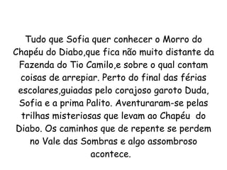 Tudo que Sofia quer conhecer o Morro do Chapéu do Diabo,que fica não muito distante da Fazenda do Tio Camilo,e sobre o qual contam coisas de arrepiar. Perto do final das férias escolares,guiadas pelo corajoso garoto Duda, Sofia e a prima Palito. Aventuraram-se pelas trilhas misteriosas que levam ao Chapéu  do Diabo. Os caminhos que de repente se perdem no Vale das Sombras e algo assombroso acontece.  