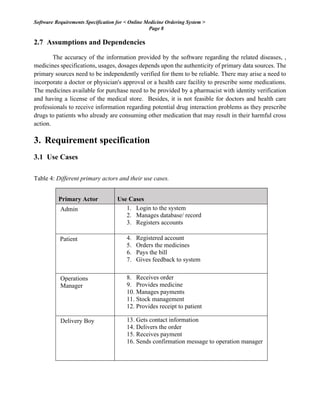 Software Requirements Specification for < Online Medicine Ordering System >
Page 8
2.7 Assumptions and Dependencies
The accuracy of the information provided by the software regarding the related diseases, ,
medicines specifications, usages, dosages depends upon the authenticity of primary data sources. The
primary sources need to be independently verified for them to be reliable. There may arise a need to
incorporate a doctor or physician's approval or a health care facility to prescribe some medications.
The medicines available for purchase need to be provided by a pharmacist with identity verification
and having a license of the medical store. Besides, it is not feasible for doctors and health care
professionals to receive information regarding potential drug interaction problems as they prescribe
drugs to patients who already are consuming other medication that may result in their harmful cross
action.
3. Requirement specification
3.1 Use Cases
Table 4: Different primary actors and their use cases.
Primary Actor Use Cases
Admin 1. Login to the system
2. Manages database/ record
3. Registers accounts
Patient 4. Registered account
5. Orders the medicines
6. Pays the bill
7. Gives feedback to system
Operations
Manager
8. Receives order
9. Provides medicine
10. Manages payments
11. Stock management
12. Provides receipt to patient
Delivery Boy 13. Gets contact information
14. Delivers the order
15. Receives payment
16. Sends confirmation message to operation manager
 