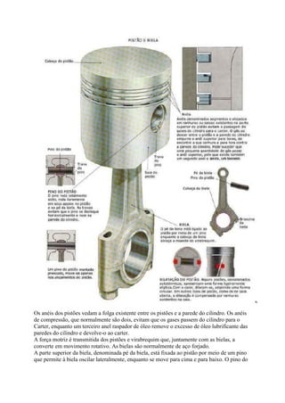 Os anéis dos pistões vedam a folga existente entre os pistões e a parede do cilindro. Os anéis
de compressão, que normalmente são dois, evitam que os gases passem do cilindro para o
Carter, enquanto um terceiro anel raspador de óleo remove o excesso de óleo lubrificante das
paredes do cilindro e devolve-o ao carter.
A força motriz é transmitida dos pistões e virabrequim que, juntamente com as bielas, a
converte em movimento rotativo. As bielas são normalmente de aço forjado.
A parte superior da biela, denominada pé da biela, está fixada ao pistão por meio de um pino
que permite à biela oscilar lateralmente, enquanto se move para cima e para baixo. O pino do
 
