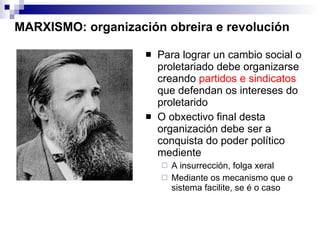MARXISMO: organización obreira e revolución Para lograr un cambio social o proletariado debe organizarse creando  partidos e sindicatos  que defendan os intereses do proletarido  O obxectivo final desta organización debe ser a conquista do poder político mediente A insurrección, folga xeral  Mediante os mecanismo que o sistema facilite, se é o caso  