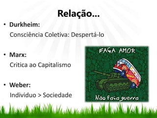 Relação...
• Durkheim:
Consciência Coletiva: Despertá-lo
• Marx:
Critica ao Capitalismo
• Weber:
Individuo > Sociedade
 