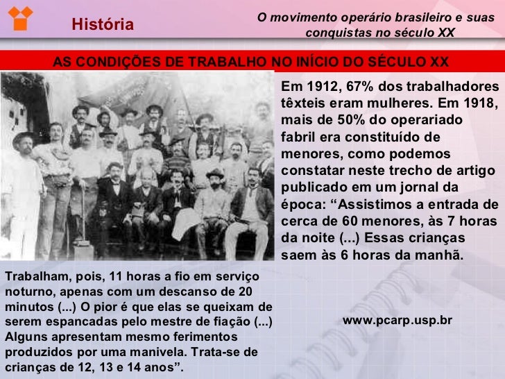 História  O movimento operário brasileiro e suas  conquistas no século XX AS CONDIÇÕES DE TRABALHO NO INÍCIO DO SÉCULO XX ...