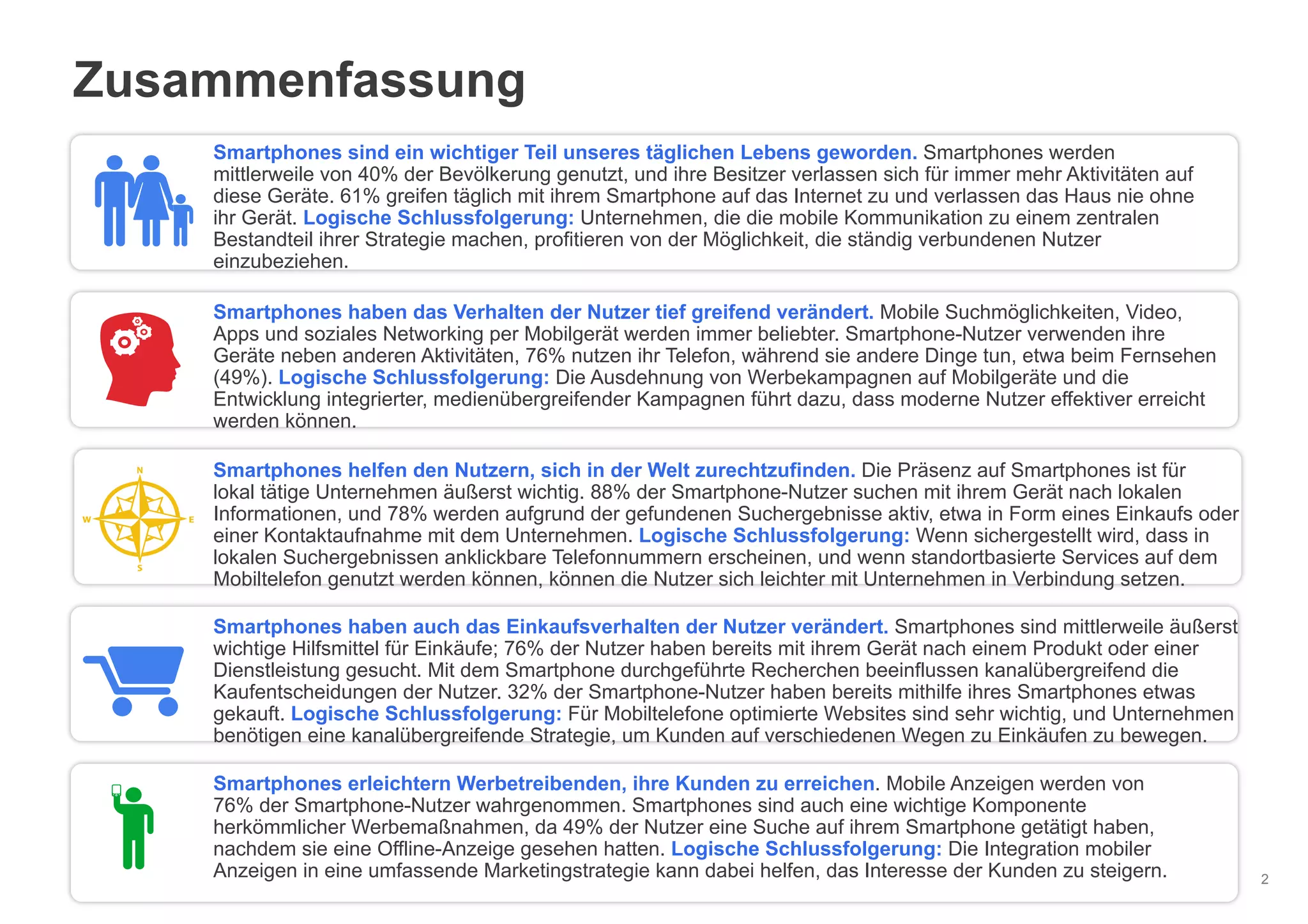 Google – vertraulich. Vervielfältigung nicht gestattet.
Zusammenfassung
2
Smartphones sind ein wichtiger Teil unseres täglichen Lebens geworden. Smartphones werden
mittlerweile von 40% der Bevölkerung genutzt, und ihre Besitzer verlassen sich für immer mehr Aktivitäten auf
diese Geräte. 61% greifen täglich mit ihrem Smartphone auf das Internet zu und verlassen das Haus nie ohne
ihr Gerät. Logische Schlussfolgerung: Unternehmen, die die mobile Kommunikation zu einem zentralen
Bestandteil ihrer Strategie machen, profitieren von der Möglichkeit, die ständig verbundenen Nutzer
einzubeziehen.
Smartphones haben das Verhalten der Nutzer tief greifend verändert. Mobile Suchmöglichkeiten, Video,
Apps und soziales Networking per Mobilgerät werden immer beliebter. Smartphone-Nutzer verwenden ihre
Geräte neben anderen Aktivitäten, 76% nutzen ihr Telefon, während sie andere Dinge tun, etwa beim Fernsehen
(49%). Logische Schlussfolgerung: Die Ausdehnung von Werbekampagnen auf Mobilgeräte und die
Entwicklung integrierter, medienübergreifender Kampagnen führt dazu, dass moderne Nutzer effektiver erreicht
werden können.
Smartphones helfen den Nutzern, sich in der Welt zurechtzufinden. Die Präsenz auf Smartphones ist für
lokal tätige Unternehmen äußerst wichtig. 88% der Smartphone-Nutzer suchen mit ihrem Gerät nach lokalen
Informationen, und 78% werden aufgrund der gefundenen Suchergebnisse aktiv, etwa in Form eines Einkaufs oder
einer Kontaktaufnahme mit dem Unternehmen. Logische Schlussfolgerung: Wenn sichergestellt wird, dass in
lokalen Suchergebnissen anklickbare Telefonnummern erscheinen, und wenn standortbasierte Services auf dem
Mobiltelefon genutzt werden können, können die Nutzer sich leichter mit Unternehmen in Verbindung setzen.
Smartphones haben auch das Einkaufsverhalten der Nutzer verändert. Smartphones sind mittlerweile äußerst
wichtige Hilfsmittel für Einkäufe; 76% der Nutzer haben bereits mit ihrem Gerät nach einem Produkt oder einer
Dienstleistung gesucht. Mit dem Smartphone durchgeführte Recherchen beeinflussen kanalübergreifend die
Kaufentscheidungen der Nutzer. 32% der Smartphone-Nutzer haben bereits mithilfe ihres Smartphones etwas
gekauft. Logische Schlussfolgerung: Für Mobiltelefone optimierte Websites sind sehr wichtig, und Unternehmen
benötigen eine kanalübergreifende Strategie, um Kunden auf verschiedenen Wegen zu Einkäufen zu bewegen.
Smartphones erleichtern Werbetreibenden, ihre Kunden zu erreichen. Mobile Anzeigen werden von
76% der Smartphone-Nutzer wahrgenommen. Smartphones sind auch eine wichtige Komponente
herkömmlicher Werbemaßnahmen, da 49% der Nutzer eine Suche auf ihrem Smartphone getätigt haben,
nachdem sie eine Offline-Anzeige gesehen hatten. Logische Schlussfolgerung: Die Integration mobiler
Anzeigen in eine umfassende Marketingstrategie kann dabei helfen, das Interesse der Kunden zu steigern.
 