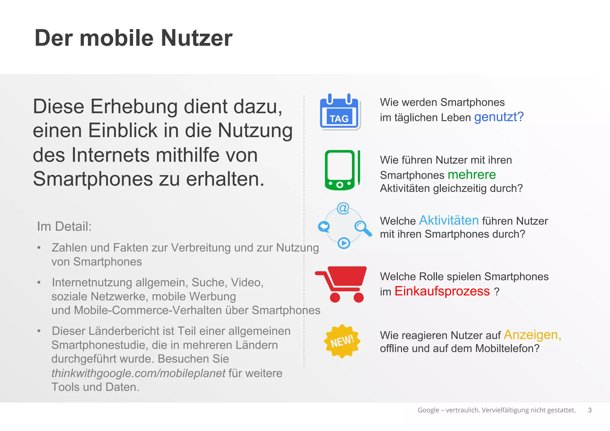 Google – vertraulich. Vervielfältigung nicht gestattet.
Der mobile Nutzer
Diese Erhebung dient dazu,
einen Einblick in die Nutzung
des Internets mithilfe von
Smartphones zu erhalten.
3
Wie werden Smartphones
im täglichen Leben genutzt?
Wie führen Nutzer mit ihren
Smartphones mehrere
Aktivitäten gleichzeitig durch?
Welche Aktivitäten führen Nutzer
mit ihren Smartphones durch?
Welche Rolle spielen Smartphones
im Einkaufsprozess ?
Wie reagieren Nutzer auf Anzeigen,
offline und auf dem Mobiltelefon?
TAG
Im Detail:
•  Zahlen und Fakten zur Verbreitung und zur Nutzung
von Smartphones
•  Internetnutzung allgemein, Suche, Video,
soziale Netzwerke, mobile Werbung
und Mobile-Commerce-Verhalten über Smartphones
•  Dieser Länderbericht ist Teil einer allgemeinen
Smartphonestudie, die in mehreren Ländern
durchgeführt wurde. Besuchen Sie
thinkwithgoogle.com/mobileplanet für weitere
Tools und Daten.
 