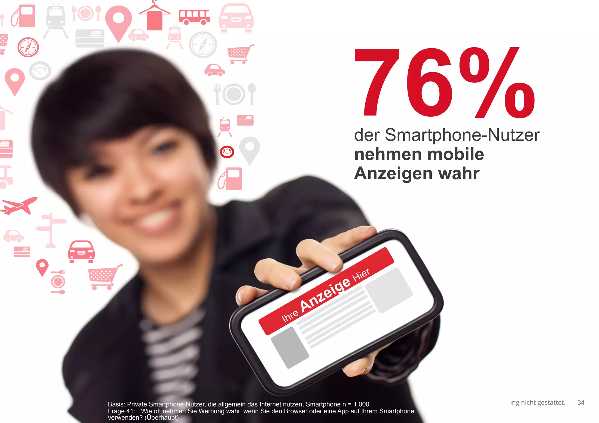 Google – vertraulich. Vervielfältigung nicht gestattet. 34
76%der Smartphone-Nutzer
nehmen mobile
Anzeigen wahr
Basis: Private Smartphone-Nutzer, die allgemein das Internet nutzen, Smartphone n = 1.000
Frage 41: Wie oft nehmen Sie Werbung wahr, wenn Sie den Browser oder eine App auf Ihrem Smartphone
verwenden? (Überhaupt)
 