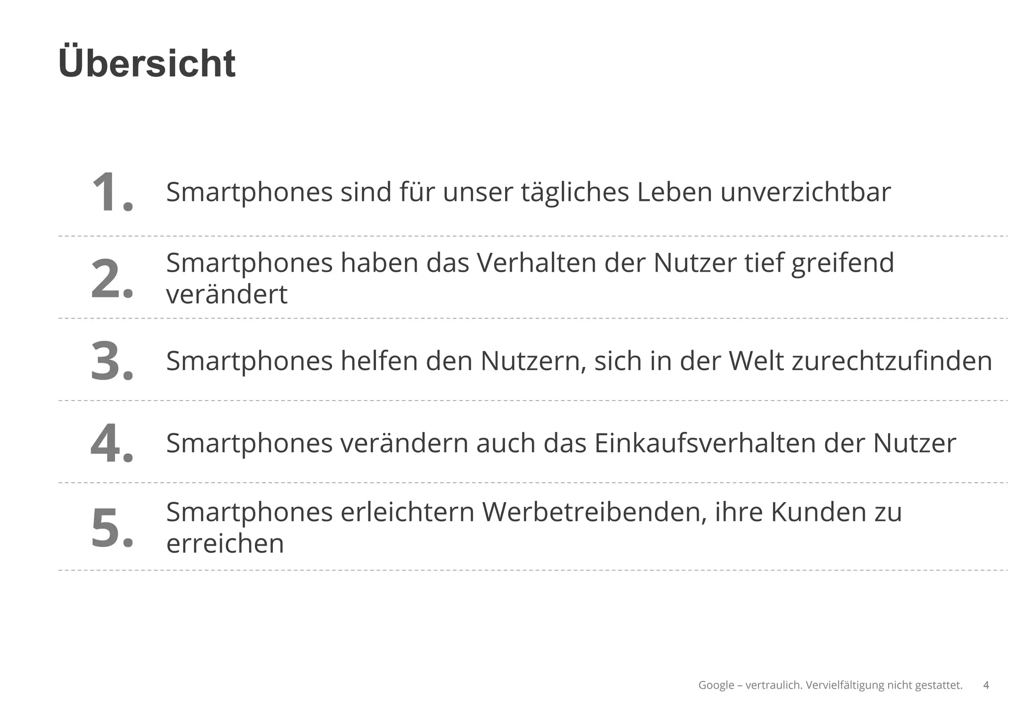 Google – vertraulich. Vervielfältigung nicht gestattet.
Übersicht
4
1. Smartphones sind für unser tägliches Leben unverzichtbar
2. Smartphones haben das Verhalten der Nutzer tief greifend
verändert
3. Smartphones helfen den Nutzern, sich in der Welt zurechtzuﬁnden
4. Smartphones verändern auch das Einkaufsverhalten der Nutzer
5. Smartphones erleichtern Werbetreibenden, ihre Kunden zu
erreichen
 