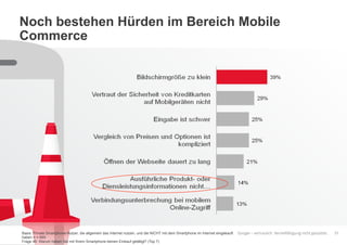 Google – vertraulich. Vervielfältigung nicht gestattet.
Noch bestehen Hürden im Bereich Mobile
Commerce
31Basis: Private Smartphone-Nutzer, die allgemein das Internet nutzen, und die NICHT mit dem Smartphone im Internet eingekauft
haben n = 685
Frage 46: Warum haben Sie mit Ihrem Smartphone keinen Einkauf getätigt? (Top 7)
 