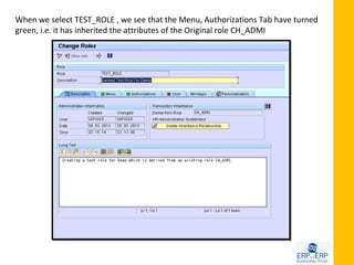 When we select TEST_ROLE , we see that the Menu, Authorizations Tab have turned
green, i.e. it has inherited the attributes of the Original role CH_ADMI
 