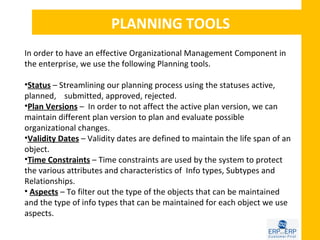 PLANNING TOOLS
In order to have an effective Organizational Management Component in
the enterprise, we use the following Planning tools.

•Status – Streamlining our planning process using the statuses active,
planned, submitted, approved, rejected.
•Plan Versions – In order to not affect the active plan version, we can
maintain different plan version to plan and evaluate possible
organizational changes.
•Validity Dates – Validity dates are defined to maintain the life span of an
object.
•Time Constraints – Time constraints are used by the system to protect
the various attributes and characteristics of Info types, Subtypes and
Relationships.
• Aspects – To filter out the type of the objects that can be maintained
and the type of info types that can be maintained for each object we use
aspects.
 