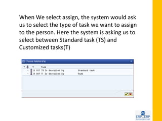 When We select assign, the system would ask
us to select the type of task we want to assign
to the person. Here the system is asking us to
select between Standard task (TS) and
Customized tasks(T)
 