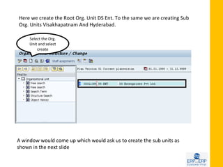 Here we create the Root Org. Unit DS Ent. To the same we are creating Sub
Org. Units Visakhapatnam And Hyderabad.

     Select the Org.
     Unit and select
         create




A window would come up which would ask us to create the sub units as
shown in the next slide
 