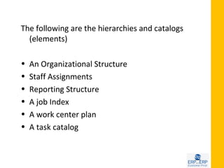 The following are the hierarchies and catalogs
  (elements)

•   An Organizational Structure
•   Staff Assignments
•   Reporting Structure
•   A job Index
•   A work center plan
•   A task catalog
 