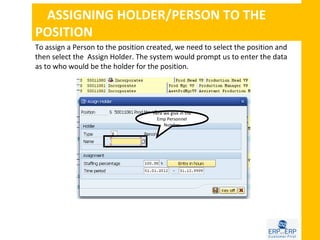 ASSIGNING HOLDER/PERSON TO THE
POSITION
To assign a Person to the position created, we need to select the position and
then select the Assign Holder. The system would prompt us to enter the data
as to who would be the holder for the position.




                                    Here we give in the
                                      Emp Personnel
                                         Number
 
