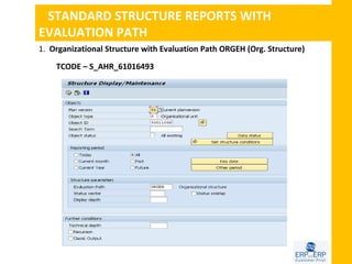 STANDARD STRUCTURE REPORTS WITH
EVALUATION PATH
1. Organizational Structure with Evaluation Path ORGEH (Org. Structure)

    TCODE – S_AHR_61016493
 