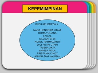 KEPEMIMPINAN 
WINTER 
Template 
OLEH KELOMPOK 4 : 
NANA HENDRIKA UTAMI 
ROMA YULIANA 
FAISAL 
SILVIANI EFDI 
NURUL RAHMADANTI 
DICI PUTRI UTARI 
TRISNA OKTA 
ANNISA AKILA 
FRISTANIA CINDY 
ANNISA DWI HALIMAH 
 