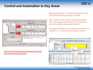 IBM Software Group | Systems
© 2015 IBM Corporation
Control and Automation to Key Areas
Manage by exception – monitor key applications and
limit visible information to what is needed
When situations “fire” quickly see what caused the
alert, and compare current status of the situation to
the initial condition that caused this alert
Pre-programmed actions can respond automatically to
situations – or - Take Action by issuing commands
Automated or manual batch job responses directly
from your monitoring activity
 