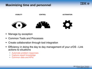 IBM Software Group | Systems
© 2015 IBM Corporation
Maximizing time and personnel
 Manage by exception
 Common Tools and Processes
 Create collaboration through tool integration
 Efficiency in doing the day to day management of your z/OS - Link
actions to situations
• Automate problem responses
• Capture expert knowledge
• Common data and KPIs
VISIBILITY CONTROL AUTOMATION
 