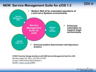 IBM Software Group | Systems
© 2015 IBM Corporation
NEW: Service Management Suite for z/OS 1.3
OM PM
Suite 5.3.1
Service
Management
Unite
NetView
6.2.1
Updates
Service
Management
Suite for
z/OS
 Enhanced
automation to
support larger
environments
 Modern Web UI for automated operations of
z and non-z Systems environments
 Enhanced problem determination with Operations
Analytics
20
17594: Proactive Outage Avoidance with IBM Service Management Suite for z/OS
Monday, August 10, 2015: 3:15 PM-4:15 PM
Europe 1 (Walt Disney World Dolphin )
Speaker: Uwe H. Gramm(IBM)
 