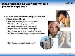 IBM Software Group | Systems
© 2015 IBM Corporation
What happens at your site when a
problem happens?
 All sites have different configurations and
unique expectations
 How do problems get communicated?
 What type of alerting happens?
 Are all your teams disparate groups?
 Do you have “War Room” meetings?
 How do you Identifying Complex Problems?
 Are your teams challenged to do more with less?
 How do you address these issues?
7
 