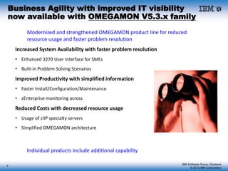 IBM Software Group | Systems
© 2015 IBM Corporation
8
Business Agility with improved IT visibility
now available with OMEGAMON V5.3.x family
Increased System Availability with faster problem resolution
• Enhanced 3270 User Interface for SMEs
• Built-in Problem Solving Scenarios
Improved Productivity with simplified information
• Faster Install/Configuration/Maintenance
• zEnterprise monitoring across
Reduced Costs with decreased resource usage
• Usage of zIIP specialty servers
• Simplified OMEGAMON architecture
Modernized and strengthened OMEGAMON product line for reduced
resource usage and faster problem resolution
Individual products include additional capability
 