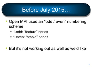 Before July 2015…
• Open MPI used an “odd / even” numbering
scheme
 1.odd: “feature” series
 1.even: “stable” series
• But it’s not working out as well as we’d like
3
 