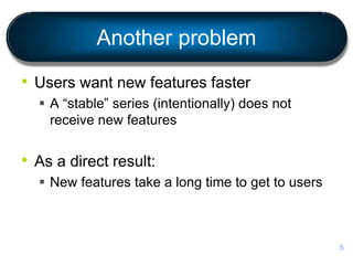 Another problem
• Users want new features faster
 A “stable” series (intentionally) does not
receive new features
• As a direct result:
 New features take a long time to get to users
5
 