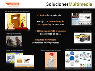 SolucionesMultimedia
Plan de Comunicación “Juego de puertas”                                                                          Sistema eCast

                                              + 15 años de experiencia

                                              Trabajo con herramienta de
                                              autor propia y de mercado

                                            + 200h de contenido e-learning                                          M-learning
 Producción de contenidos
 multimedia y audiovisuales
                                                 desarrollado en 2011

                                             Recursos multimedia
                                          adaptables a cada proyecto


                                                  Creación de personajes animados   Trivial- Plan de Comunicación para Proyecto
 Ejemplo de cursos interactivos
 