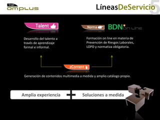 LíneasDeServicio
                                                                            5
Desarrollo del talento a                 Formación on line en materia de
través de aprendizaje                    Prevención de Riesgos Laborales,
formal e informal.                       LOPD y normativa obligatoria.




 Generación de contenidos multimedia a medida y amplio catálogo propio.




Amplia experiencia                     Soluciones a medida
 