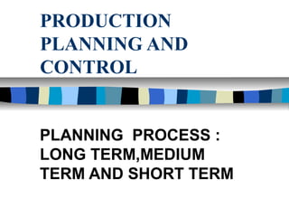 PRODUCTION
PLANNING AND
CONTROL
PLANNING PROCESS :
LONG TERM,MEDIUM
TERM AND SHORT TERM
 