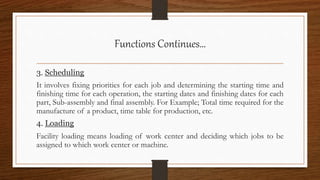 Functions Continues…
3. Scheduling
It involves fixing priorities for each job and determining the starting time and
finishing time for each operation, the starting dates and finishing dates for each
part, Sub-assembly and final assembly. For Example; Total time required for the
manufacture of a product, time table for production, etc.
4. Loading
Facility loading means loading of work center and deciding which jobs to be
assigned to which work center or machine.
 