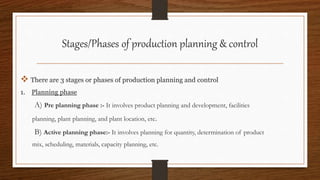 Stages/Phases of production planning & control
 There are 3 stages or phases of production planning and control
1. Planning phase
A) Pre planning phase :- It involves product planning and development, facilities
planning, plant planning, and plant location, etc.
B) Active planning phase:- It involves planning for quantity, determination of product
mix, scheduling, materials, capacity planning, etc.
 