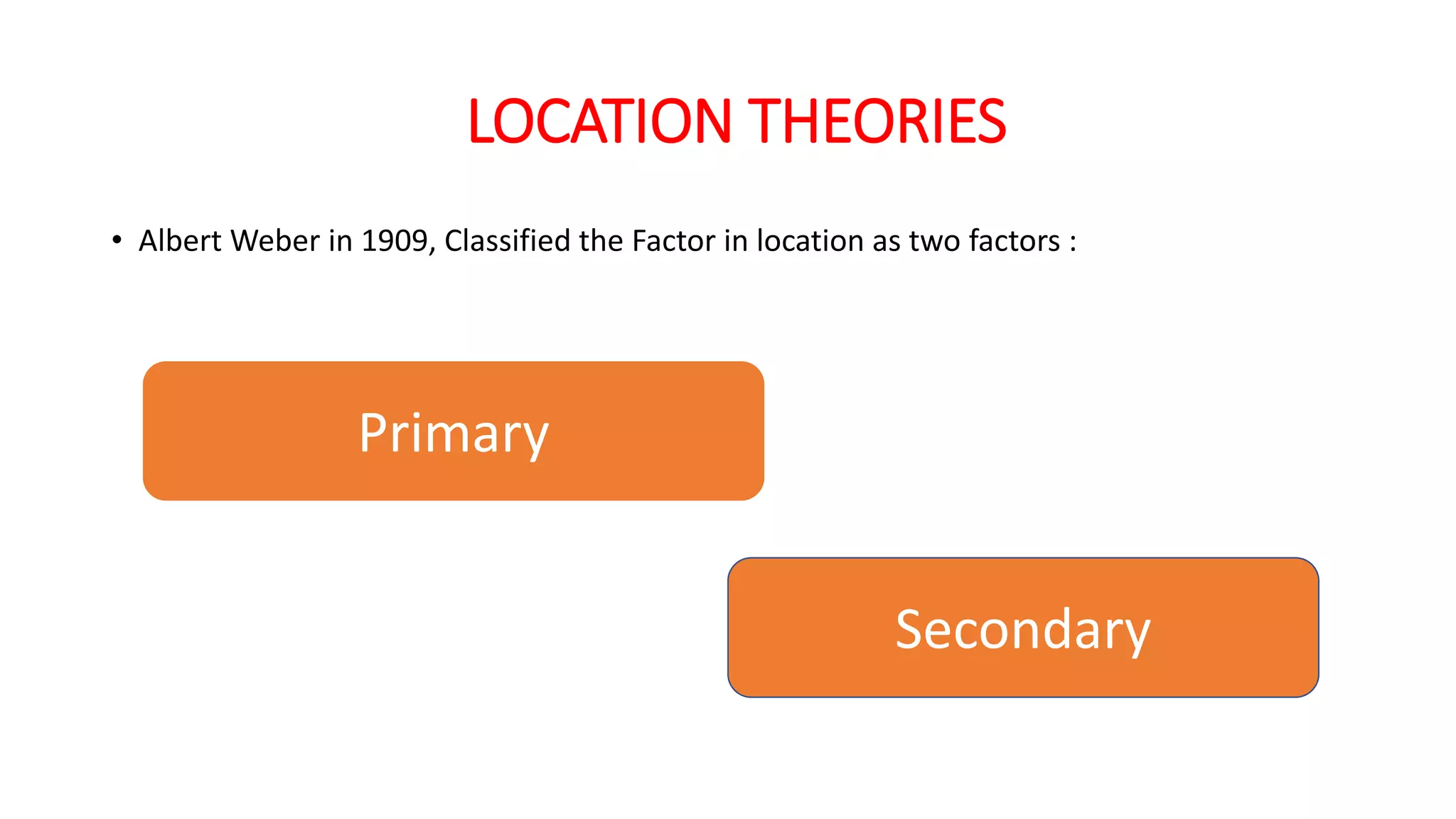 LOCATION THEORIES
• Albert Weber in 1909, Classified the Factor in location as two factors :
Primary
Secondary
 