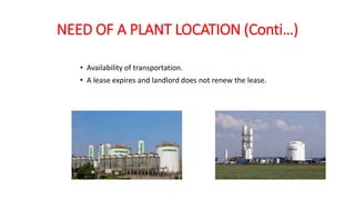 NEED OF A PLANT LOCATION (Conti…)
• Availability of transportation.
• A lease expires and landlord does not renew the lease.
 