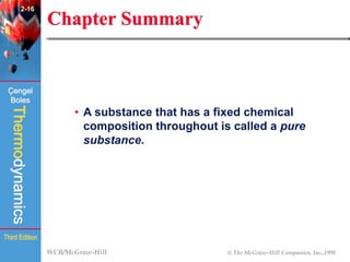 WCB/McGraw-Hill © The McGraw-Hill Companies, Inc.,1998
Thermodynamics
Çengel
Boles
Third Edition
Chapter Summary
• A substance that has a fixed chemical
composition throughout is called a pure
substance.
2-16
 