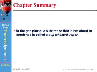 WCB/McGraw-Hill © The McGraw-Hill Companies, Inc.,1998
Thermodynamics
Çengel
Boles
Third Edition
Chapter Summary
• In the gas phase, a substance that is not about to
condense is called a superheated vapor.
2-18
 