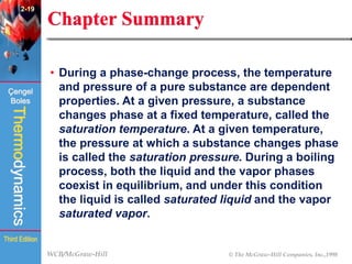 WCB/McGraw-Hill © The McGraw-Hill Companies, Inc.,1998
Thermodynamics
Çengel
Boles
Third Edition
Chapter Summary
• During a phase-change process, the temperature
and pressure of a pure substance are dependent
properties. At a given pressure, a substance
changes phase at a fixed temperature, called the
saturation temperature. At a given temperature,
the pressure at which a substance changes phase
is called the saturation pressure. During a boiling
process, both the liquid and the vapor phases
coexist in equilibrium, and under this condition
the liquid is called saturated liquid and the vapor
saturated vapor.
2-19
 