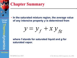 WCB/McGraw-Hill © The McGraw-Hill Companies, Inc.,1998
Thermodynamics
Çengel
Boles
Third Edition
Chapter Summary
• In the saturated mixture region, the average value
of any intensive property y is determined from
where f stands for saturated liquid and g for
saturated vapor.
2-21
 