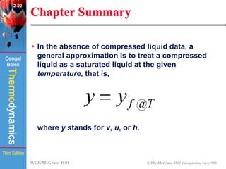 WCB/McGraw-Hill © The McGraw-Hill Companies, Inc.,1998
Thermodynamics
Çengel
Boles
Third Edition
Chapter Summary
• In the absence of compressed liquid data, a
general approximation is to treat a compressed
liquid as a saturated liquid at the given
temperature, that is,
where y stands for v, u, or h.
2-22
 