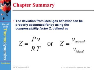 WCB/McGraw-Hill © The McGraw-Hill Companies, Inc.,1998
Thermodynamics
Çengel
Boles
Third Edition
Chapter Summary
• The deviation from ideal-gas behavior can be
properly accounted for by using the
compressibility factor Z, defined as
2-27
 