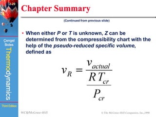 WCB/McGraw-Hill © The McGraw-Hill Companies, Inc.,1998
Thermodynamics
Çengel
Boles
Third Edition
Chapter Summary
• When either P or T is unknown, Z can be
determined from the compressibility chart with the
help of the pseudo-reduced specific volume,
defined as
(Continued from previous slide)
2-29
 