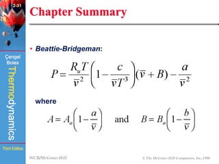 WCB/McGraw-Hill © The McGraw-Hill Companies, Inc.,1998
Thermodynamics
Çengel
Boles
Third Edition
Chapter Summary
• Beattie-Bridgeman:
where
2-31
 