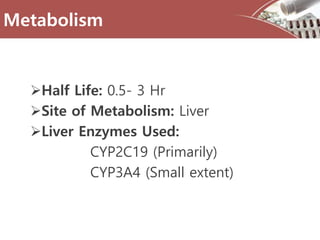 Metabolism
Half Life: 0.5- 3 Hr
Site of Metabolism: Liver
Liver Enzymes Used:
CYP2C19 (Primarily)
CYP3A4 (Small extent)
 
