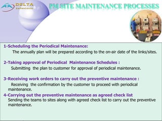 PM SITE MAINTENANCE PROCESSES
1-Scheduling the Periodical Maintenance:
The annually plan will be prepared according to the on-air date of the links/sites.
2-Taking approval of Periodical Maintenance Schedules :
Submitting the plan to customer for approval of periodical maintenance.
3-Receiving work orders to carry out the preventive maintenance :
Receiving the confirmation by the customer to proceed with periodical
maintenance.
4-Carrying out the preventive maintenance as agreed check list
Sending the teams to sites along with agreed check list to carry out the preventive
maintenance.
 